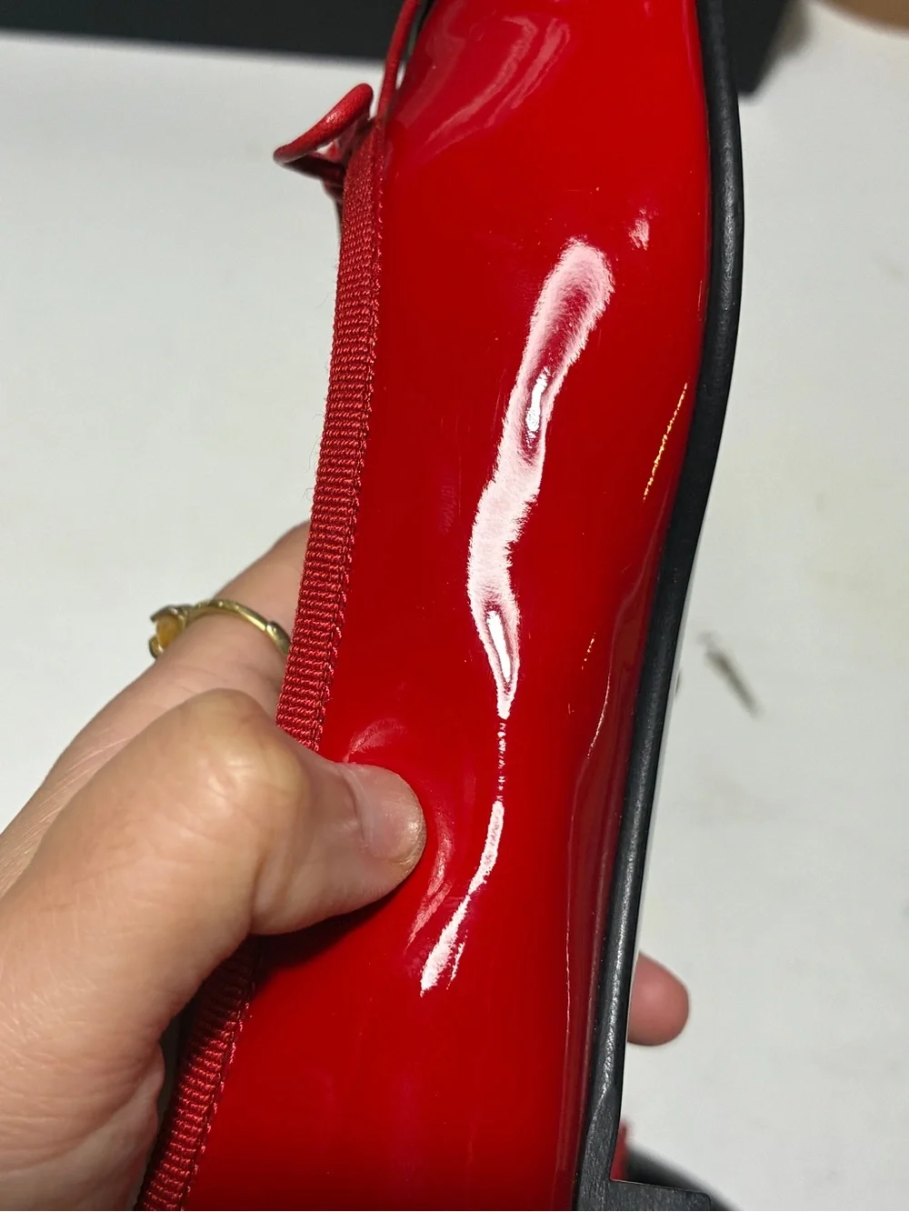 CHANEL Red and Black Patent Cap-Toe Ballet Flats